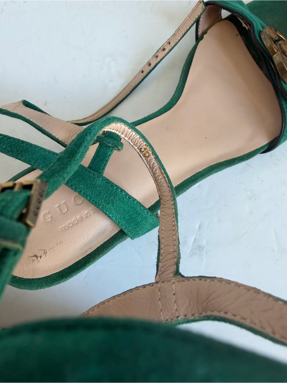 Green Suede Open-Toe Heeled Sandals with Gold Accent - Picture 6 of 8